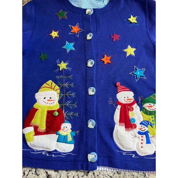 Vintage Onque Casuals Cardigan Small Blue Ugly Christmas Sweater Snowman Stars - Picture 9 of 10
